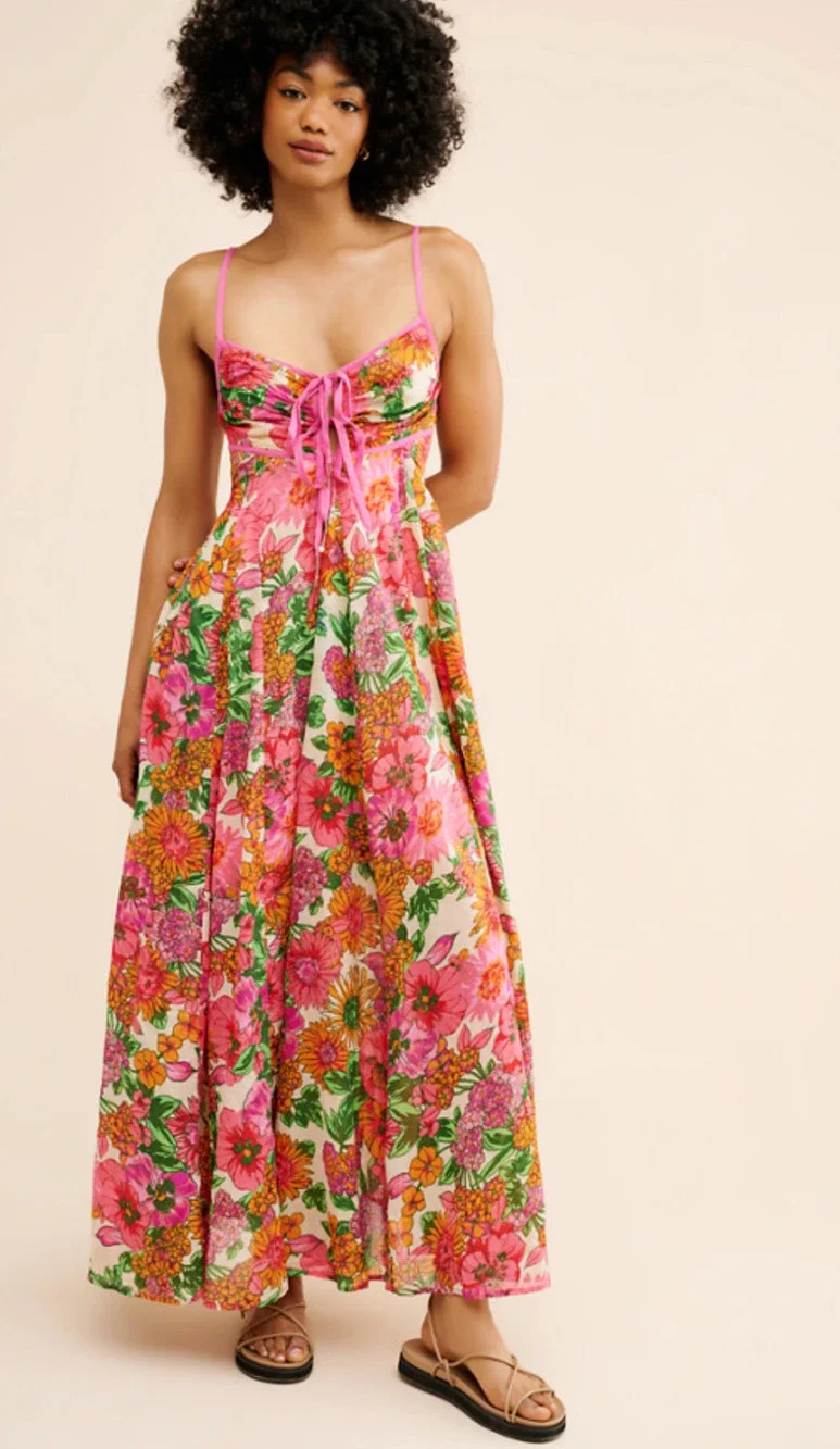FREE PEOPLE PINK FLORAL DREAM WEAVER BOHO MAXI DRESS SZ XS